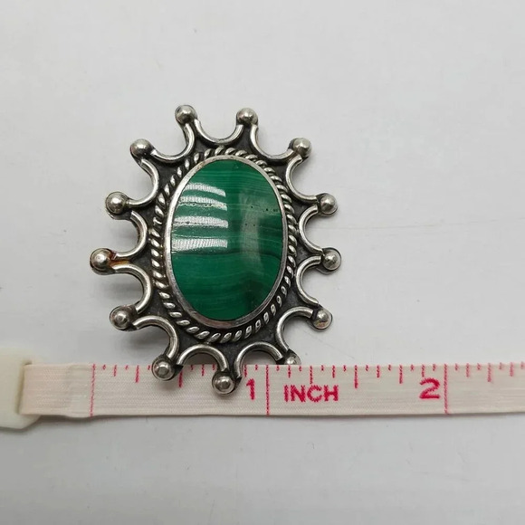 Vintage Taxco Mexican 925 Sterling Silver SUN Malachite Brooch Pin 19.92 Grams - Picture 5 of 6